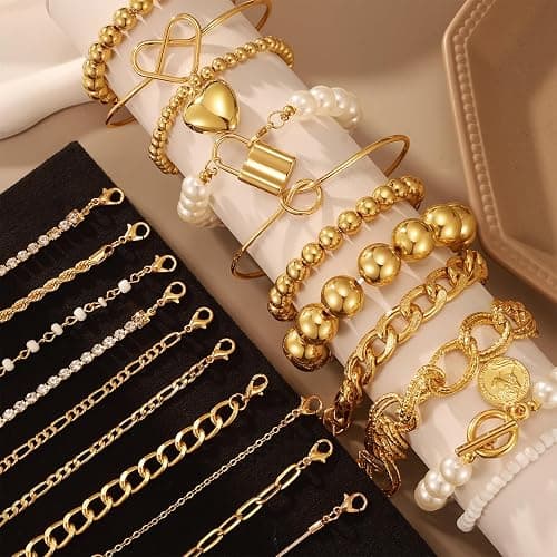 IFKM 6 PACK (24 PCS) Boho Gold Chain Bracelets Set for Women, 14K Gold Plated Multiple Layered Stackable Open Cuff Wrap Bangle Adjustable Link Italian Cuban Jewelry for Women Gift thumbnail 5