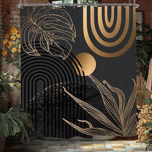 Yookeb Abstract Black Gold Minimalist Bathroom Shower Curtain 60W by 71H Inch Aesthetic Modern Contemporary Leaves Mid Century Neutral 12 Plastic Hooks Waterproof Decor thumbnail 3
