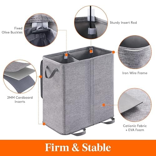 Lifewit Double Laundry Hamper with Lid and Removable Laundry Bags, Large Collapsible 2 Dividers Dirty Clothes Basket with Handles for Bedroom, Laundry Room, Closet, Bathroom, College, 136L Gray thumbnail 3