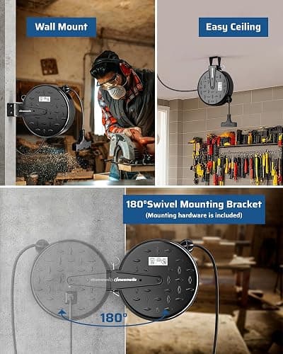 DEWENWILS 30 Ft Retractable Extension Cord Reel, Ceiling/Wall Mount 16/3 Gauge SJTW Power Cord with 3 Electrical Outlets Pigtail for Garage and Shop, 10 Amp Circuit Breaker, Metal Plate, UL Listed thumbnail 4