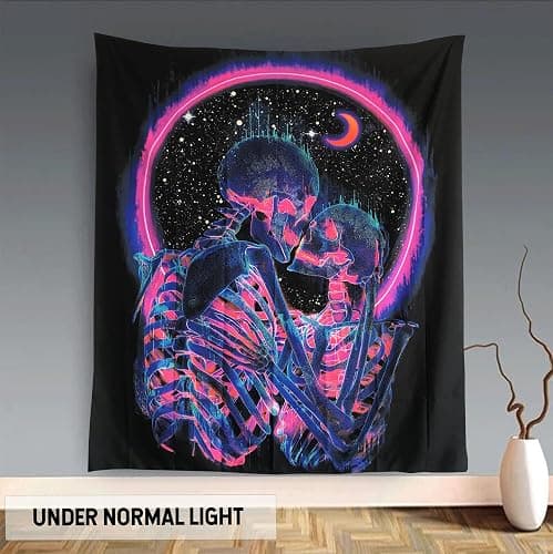 TUGCAY Blacklight Skull Tapestry Glow in the Dark Tapestry Kissing Lovers Tapestries Skeleton Neon Trippy Moon Stars Vertical Posters Wall Hanging Decor for Bedroom Aesthetic – 51.2” x 59.1” thumbnail 7