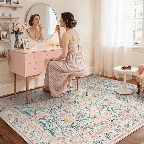 Wonnitar Pink Rugs for Nursery, 5x7 Washable Rug for Bedroom Girls, Boho Soft Floral Carpet Non Slip, Indoor Ultra-Thin Floor Carpet for Baby Kids Room Living Room Dorm Decor thumbnail 9