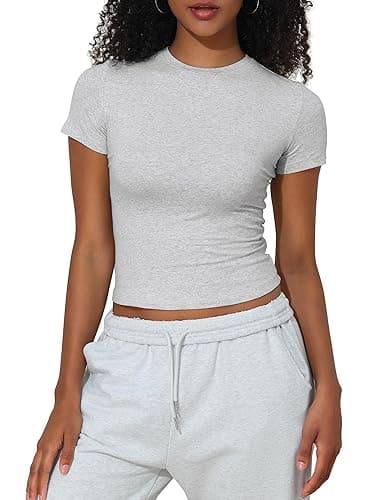 PrettyGuide Women's Crew Neck Short Sleeve Summer Basic Tee Tight Fit Cotton Jersey T Shirt Y2K Going Out Tops thumbnail 3