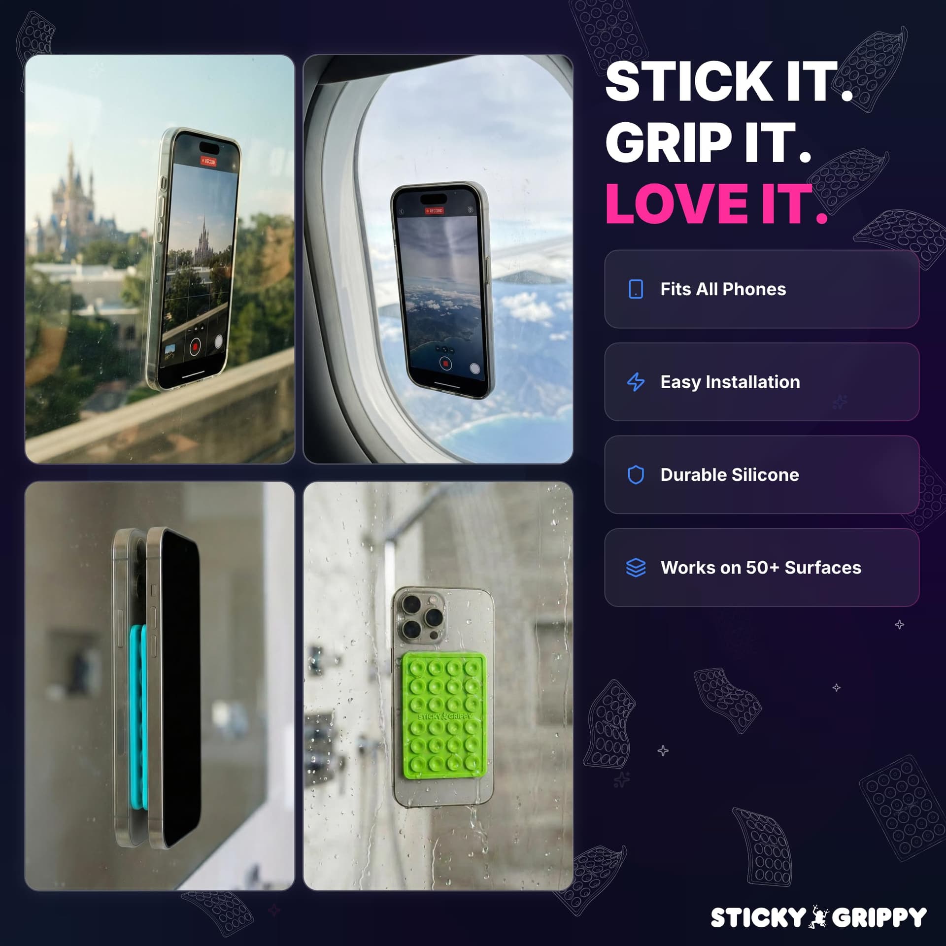 StickyGrippy Suction Phone Case Mount, Silicon Adhesive Phone Accessory for iPhone and Android, Hands-Free Fidget Toy Mirror Shower Phone Holder, Tiktok Videos and Selfies (Pink) thumbnail 6