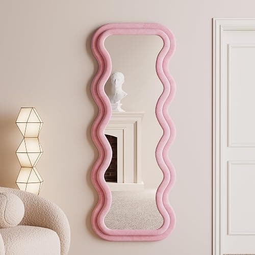 BOJOY Full Length Wavy Mirror, 63"x24", Arched Floor & Wall Mirror - Standing, Hanging or Leaning - Flannel Wrapped Wooden Frame - Pink thumbnail 5