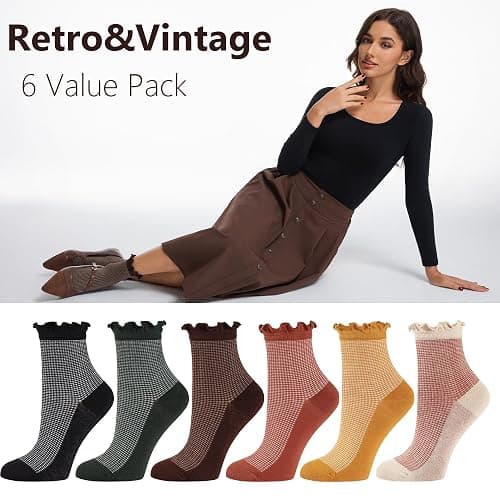 Qqmump Women Ruffle Socks, Cotton Retro Frilly Striped Socks, Cute Checkered Ankle Sock for Women, Vintage Casual Dress Sock thumbnail 4