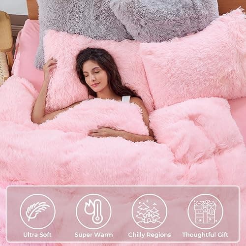 Sasttie 3-Piece Fluffy Duvet Cover Queen, Ultra Soft Faux Fur and Velvet Pink Comforter Cover, Luxury Fuzzy Bedding Sets for Winter Bed, Includes 1 Duvet Cover and 2 Pillowcases, No Comforter thumbnail 2