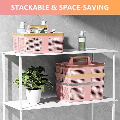 BYUNER Shower Caddy Dorm Plastic: Portable Bathroom Caddy Organizer with Handle and Holes, Cleaning Caddy, Hard Shower Basket Storage Tote for Toiletry, College Dorm Room Essentials Pink/Gold thumbnail 4
