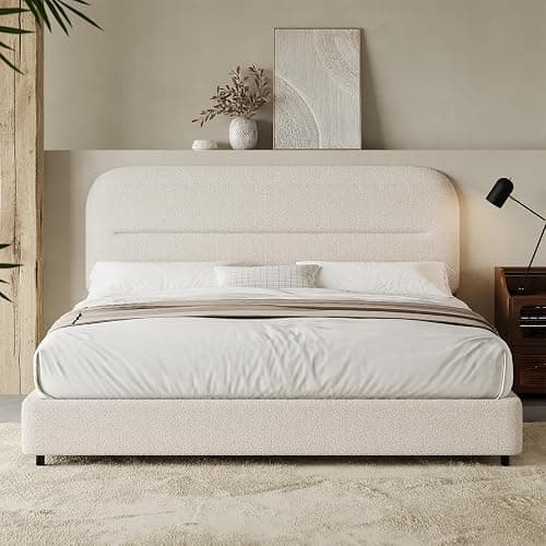 HOMBCK Queen Bed Frame with Headboard, Boucle Upholstered Soft Platform Bed Frame with Thickened Footboard, Rounded Corners Design, No Box Spring Required, Easy Assembly, Cream thumbnail 3