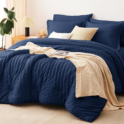CozyLux King Size Comforter Set Navy Blue Seersucker 7 Pieces Bed in a Bag King Comforter Set with Sheets, Luxury Bedding Set with Down Alternative Comforter, Sheets, Pillowcases & Shams All Seasons - Image 1