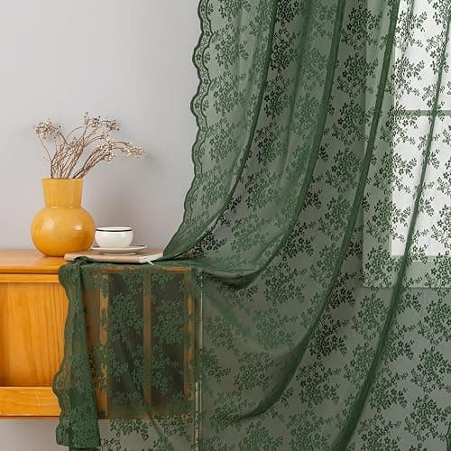 YJ YANJUN Vintage Lace Curtains 63 Inch Length-Victorian Floral Dark Olive Green Sheer Curtains 1 Pair Transparent Voile for Bedroom Kitchen Sunroom Bohemian Christmas Decor Rod Pocket W52 x L63 thumbnail 2
