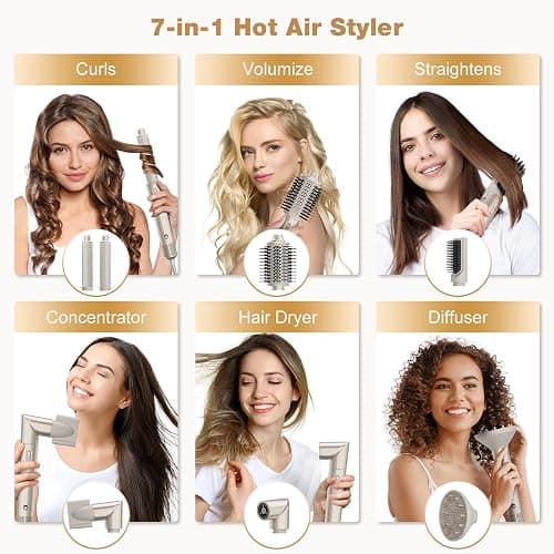 7MAGIC 7-in-1 Hot Air Styler, Hair Styler Dryer Brush with Auto-Wrap Curlers, High-Speed Hair Dryer for Fast Drying, Volumizing & Straightening, Travel Case Included, Champagne Gold thumbnail 2