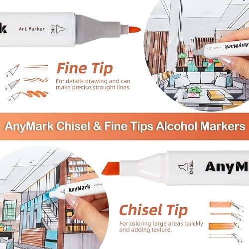 AnyMark 60 Colors Alcohol Markers Chisel & Fine Dual Tip | Coloring Markers Set for Adult Book Drawing Sketching Painting, Illustration, White Penholder thumbnail 4