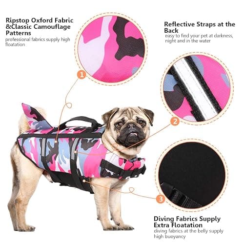 Queenmore Dog Life Jacket Pet Safety Vest High Buoyancy Camouflage Color Cute Shark with Strong Rescue Handle and Leash Ring for Boating, Canoeing, Surfing, Hunting thumbnail 4