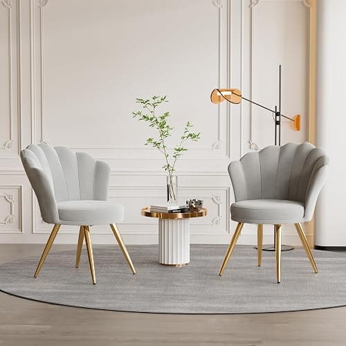 Aivermeil Esszimmerstühle Samt • Muschelsessel mit Rückenlehne & Armlehnen • Schminktisch Stuhl • Polstersessel Elegant • Akzentstuhl mit Gold Metallbeinen Accent Chair • Grau thumbnail 7