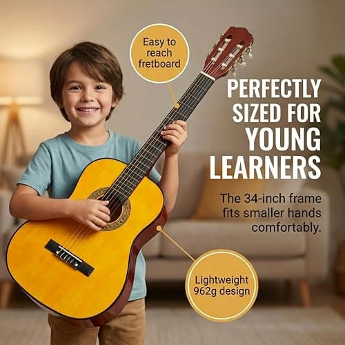 Music Alley MA-34-N 34 Inch Junior Classical Guitar for Kids, Natural | Nylon string acoustic beginner guitar for children with online lessons for school & home practice thumbnail 2