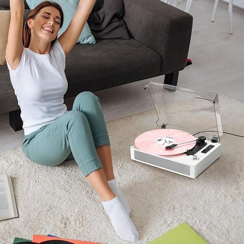 Vinyl Record Player Bluetooth with Bulit-in Speaker Extended Turntable Case | Vintage Belt-Driven 3-Speed Turntable, USB/TF Recording, Vinyl to Digital, 5 Modes on Bluetooth/USB /AUX RCA Line-Out, White thumbnail 5