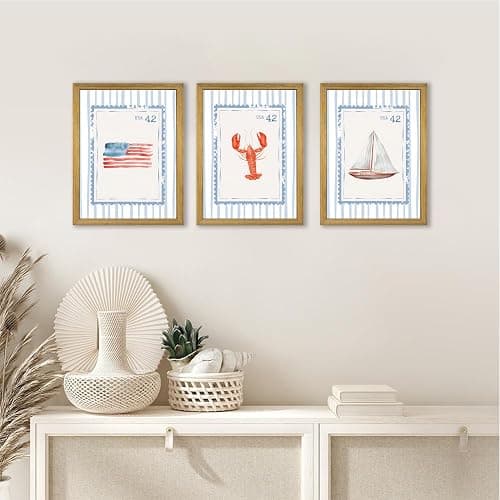 Wood Framed Blue Beach Stamp Set of 3 Canvas Poster Coastal Granddaughter Room Wall Art Decor Vintage Preppy Aesthetic Prints Artwork for Girly Dorm Apartment Ocean Home Decoration 12x16 Inch thumbnail 7