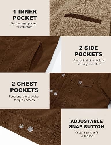 MAGCOMSEN Men's Corduroy Jacket Winter Sherpa Lined Warm Thick Trucker Cargo Coat with 5 Pockets thumbnail 6