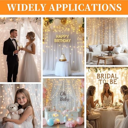 Patioman 10x10ft White Tulle Backdrop Curtain with String Lights, Wrinkle-Free Sheer Wedding Backdrop for Birthday Parties, Baby Showers, Bridal Showers, Photo Shoots and Home Decorations, White thumbnail 2