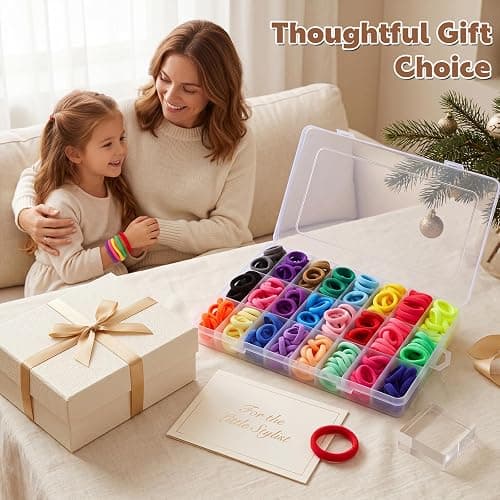 200 Pcs Baby Hair Ties with Organizer Box, Cotton Seamless, 24 Colors | Soft cotton seamless bands, gentle stretch, sorted storage box, for baby and toddler ponytails, braids, daily styling thumbnail 7
