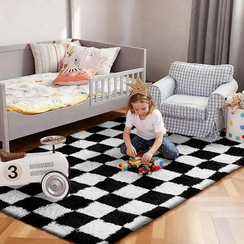 Ophanie Checkered Black & White Rug for Living Room Bedroom, Fluffy Soft Cute Fuzzy Area Rugs, Shag Plush Shaggy Bedside Floor 4x6 Furry Carpet for Kids Baby Teen Dorm Nursery Home Decor Aesthetic thumbnail 2