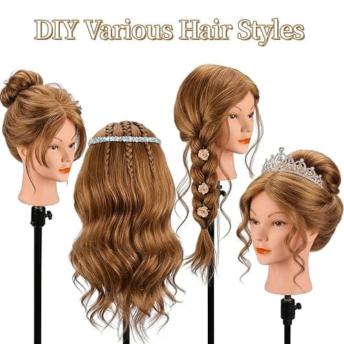 Mannequin Head with 100% Human Hair, MYSWEETY Doll Head for Hair Styling, Manikin Head Cosmetology Makeup Hairdressing Training Head with Clamp Holder and Tools(18" Brown, Makeup) thumbnail 3