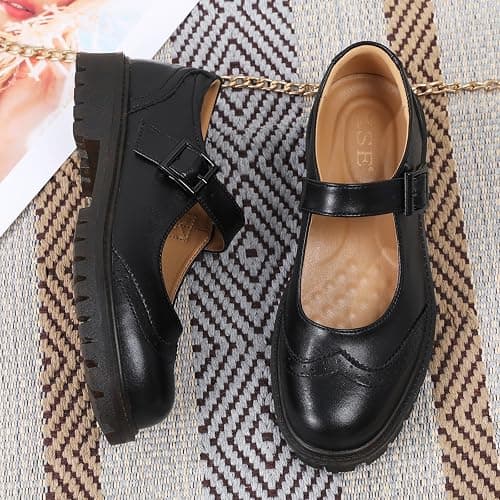 Mary Jane Shoes Black Platform Mary Janes for Women Oxford Leather Flats | Dress Casual Ladies Oxford Loafers Shoes for Office School Girl Dressy Work Walking Round Toe Comfortable maryjane Shoes thumbnail 3