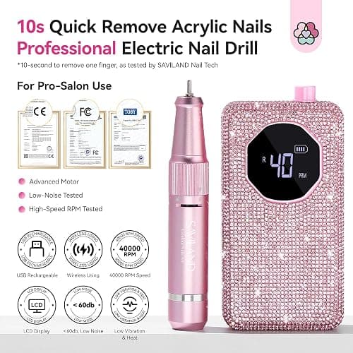 SAVILAND Professional Nail Drill 40000 RPM: Portable Diamond Nail Drill Kit Rechargeable 4000 mAh Electric Nail File for Thick Acrylic Nails with Ceramic Nail D rill Bits Sanding Bands Nail Tech Salon thumbnail 2