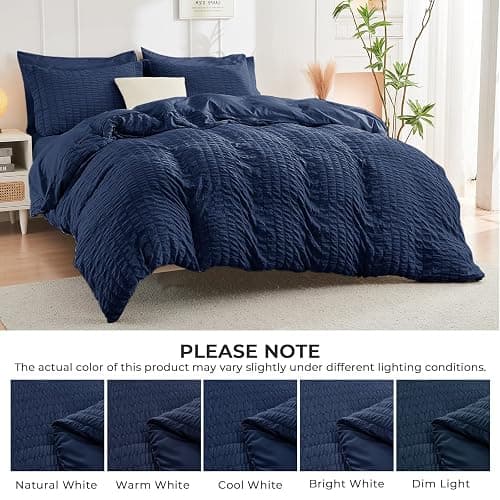 HYMOKEGE Navy Blue Full Size Comforter Sets Seersucker 7 Pieces, All Season Luxury Bed in a Bag for Bedroom, Bedding Set with Comforters, Sheets, Pillowcases & Shams thumbnail 4