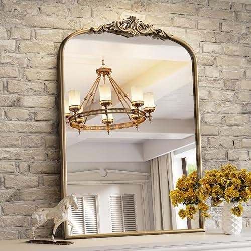 Wiserset Vintage Baroque Arched Wall Mirror, 30"x40" Antique Gold Bathroom Wall Mirrors, Large Ornate Arch Bronze Mirror for Over Sink, Fireplace, Entryway, Living Room, Hanging or Leaning thumbnail 3