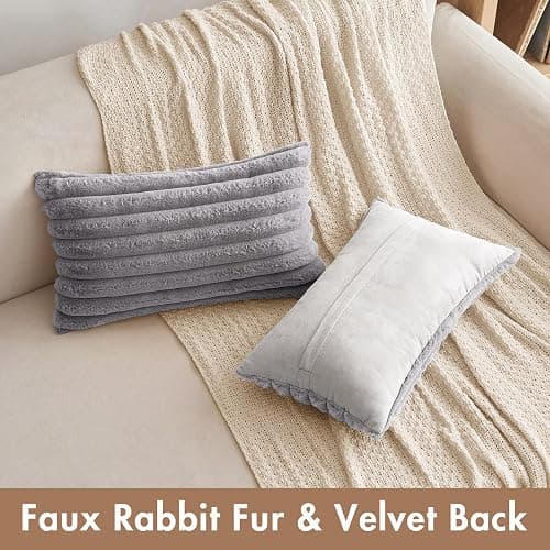 MIULEE Faux Fur Plush Decorative Throw Pillow Covers Set of 2 Luxury Soft Fluffy Striped Pillowcases Cushion for Sofa Couch Bed Living Room Light Grey 12x20 Inch thumbnail 2