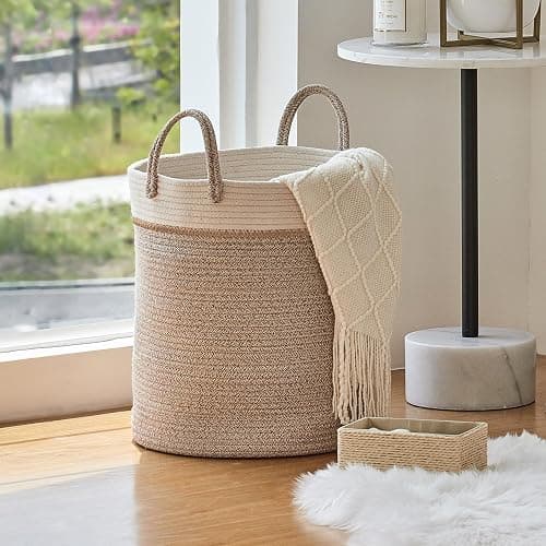 LA JOLIE MUSE Woven Basket Rope Storage Baskets - Tall Cotton Basket 16 x 14 x 14 Inches, Laundry Basket for Blanket, Kids Toy, Nursery Clothes Hamper Basket White & Desert thumbnail 4