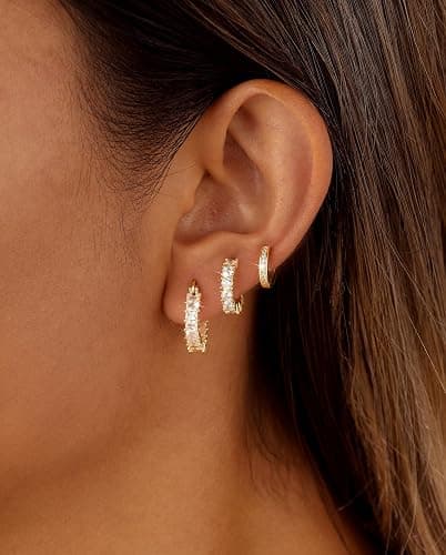 CAROVO 3 Pairs Gold/Silver Hoop Earrings for Women Trendy Dainty 14K Gold Plated Cubic Zirconia Stud Earrings Huggie Hoop Earrings Stack for Multiple Piercing Jewelry thumbnail 3