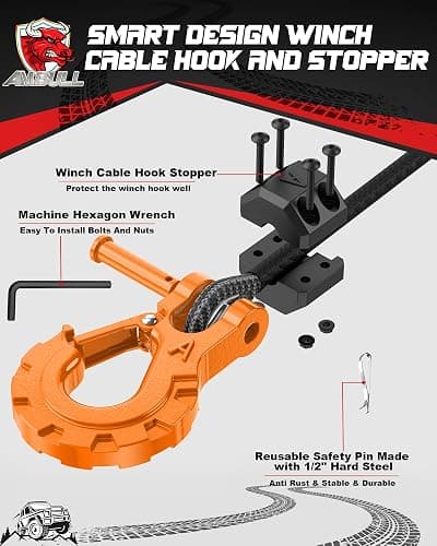 AMBULL 3/8" Winch Hook & Winch Cable Hook Stopper Sets, Heavy Duty Grade 70 Forged Steel Recovery Hook with Safety Latch, Included Allen Wrench,Max 37,478 Lbs, Orange thumbnail 3