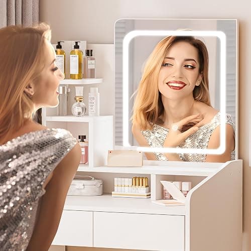 LIVELYGLOW Small Makeup Vanity Desk with Lighted Mirror, White, 23.62" W x 15.74" D x 53.93" H (Smart LED Mirror, Open Shelves, 2 Drawers) thumbnail 4