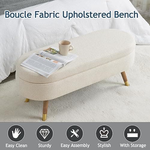 IAFIKE Oval Storage Bench 43.5" Ottoman Bench Upholstered Boucle Fabric Footrest Bench with Golden Metal Legs End of Bed for Bedroom, Living Room, Entryway,Bed Side (Beige) thumbnail 3