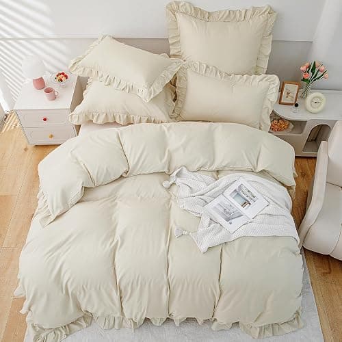 TOCOMOA Rüschen Bettwäsche 135x200 Mädchen, Aesthetic Bettwäsche-Sets Mikrofaser, Öko-Tex Zertifiziert, Weich Beige Bettbezug mit Reißverschluss, Kopfkissenbezug 80x80cm thumbnail 2