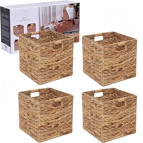 12x12in Storage Baskets Set of 4 Water Hyacinth Baskets,Foldable Handwoven Storage Cubes,Wicker Cube Baskets Laundry Organizer Totes for Home - Image 1