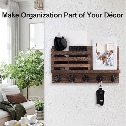 Lwenki Key Holder for Wall – Decorative Wooden Mail Holder and Key Shelf with Mounting Hardware, Installation Guide – Paulownia Wood with 5 Metal Key Hooks (11.8” x 6.7” x 2.8”) thumbnail 4