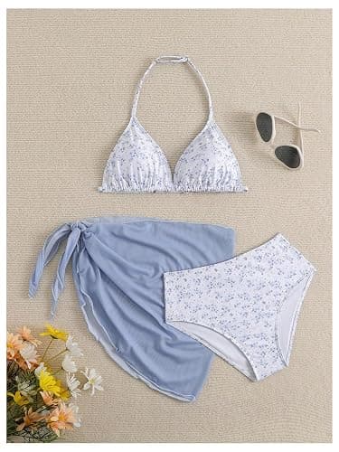 Milumia Girl's 3 Piece Bikni Set Ditsy Floral Halter Swimsuit with Cover Up Skirts thumbnail 2