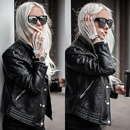 Hicarer 2 Pcs Skeleton Hand Bracelet with Finger Ring Metal Steampunk Skull Gothic Skull Bracelet Adjustable Skeleton Hand Jewelry Finger Wristband for Men Women Cosplay thumbnail 4