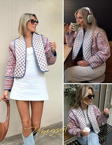 Wyeysyt Women's Cropped Puffer Quilted Jacket Cardigan Floral Printed Lightweight Long Sleeve Open Front Short Padded Coats thumbnail 5