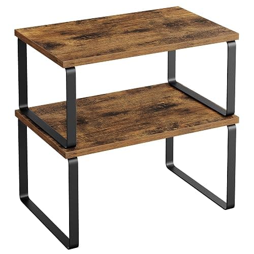 SONGMICS Spice Rack, Set of 2 Cupboard Shelf Organiser, Expandable Kitchen Shelf Organiser, Stackable Spice Holder, Metal and Engineered Wood, Black and Rustic Brown KCS020X01 - Image 1