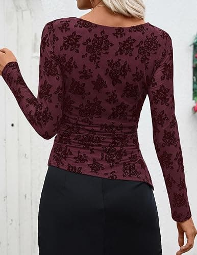 ZESICA Womens Floral Long Sleeve Shirts 2025 Fall Boat Neck Mesh Ruched Tops Fitted Asymmetrical Going Out Blouses thumbnail 5
