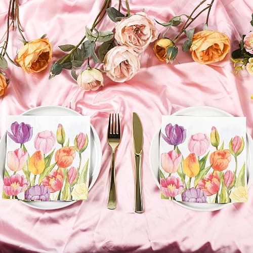100 Spring Flowers Luncheon Napkins Watercolor Tulip Paper Hand Napkins 6.5 Inch Floral Garden Party Beverage Napkins for Baby Shower Wedding Easter Party Supplies thumbnail 6