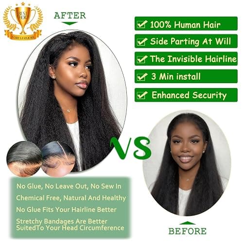 Forevermore Yaki Straight V Part Wig Human Hair Kinky Straight Vpart Human Hair Wig For Black Women 16 Inch Upgrade Glueless U Part Wig Half Wigs Clips In No Leave Out 180% Density Natural Color thumbnail 3