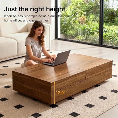 Pajiasen Mid-Century Modern Farmhouse 47.2-81.8" Expandable Coffee Table，Adjustable Center Table with Large Storage for Living Room, Walnut thumbnail 7
