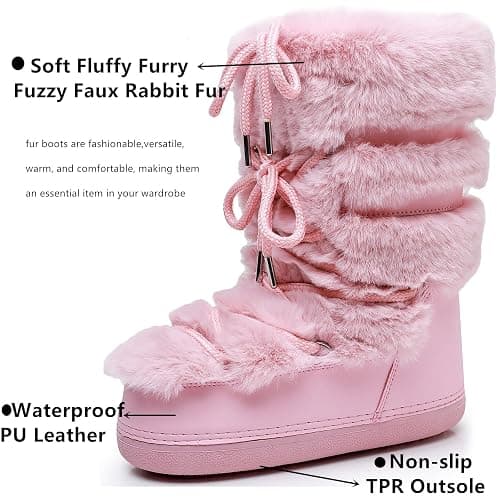 ZHENAIYISHENG Furry Faux Fur Boots for Women - Fuzzy Winter Snow Boots - Fluffy Black White Pink Fur Boots - Lace-up Mid-Calf Water-Resistant Platform Boots thumbnail 4