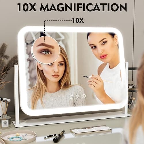 ROLOVE Lighted Makeup Mirror, 17"x13" Vanity Mirror with Lights, 10X Magnification, Gifts for Women, 3 Color Lighting Modes, Smart Touch Control, 360° Rotation for Bedroom or Tabletop (White) thumbnail 6